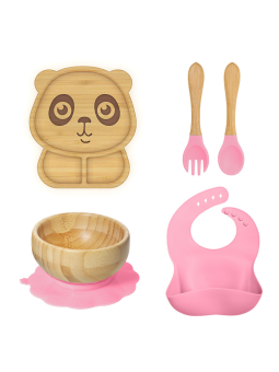 Σετ φαγητού 5 τεμαχίων μπαμπού και σιλικόνη Panda- ροζ